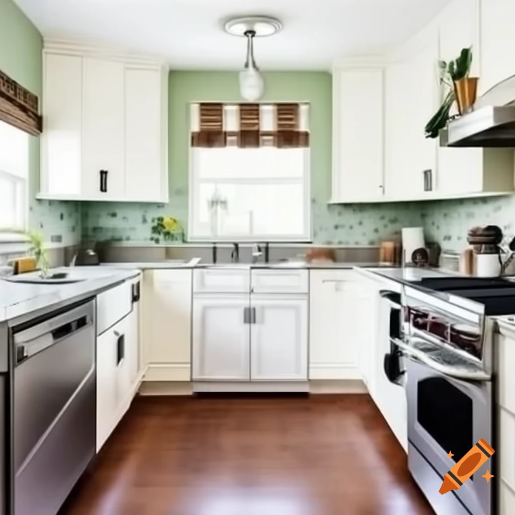 Modern kitchen with off-white cabinets and stainless steel appliances, green walls