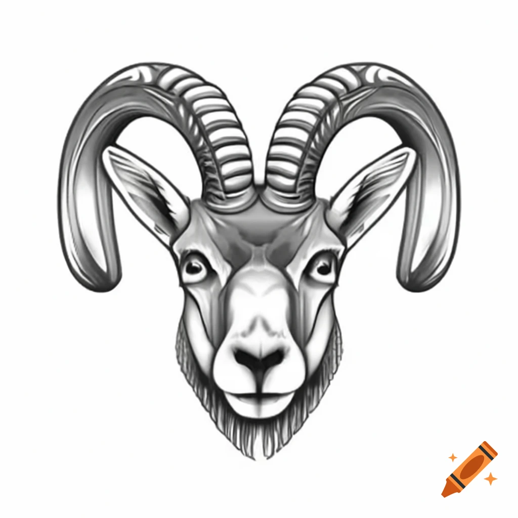 Front view charcoal sketch of ibex horns and face