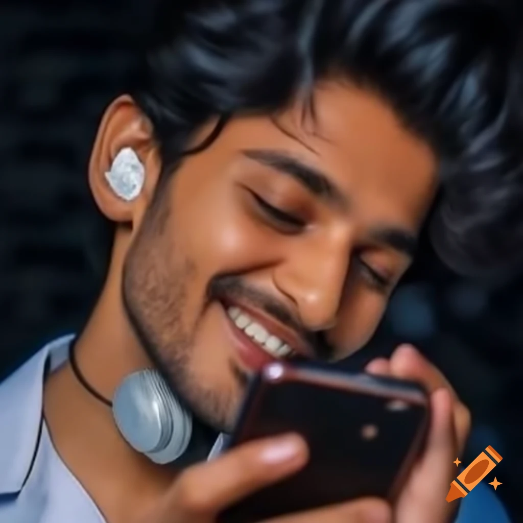 Young Indian man with headphones around neck holding mobile phone on ...