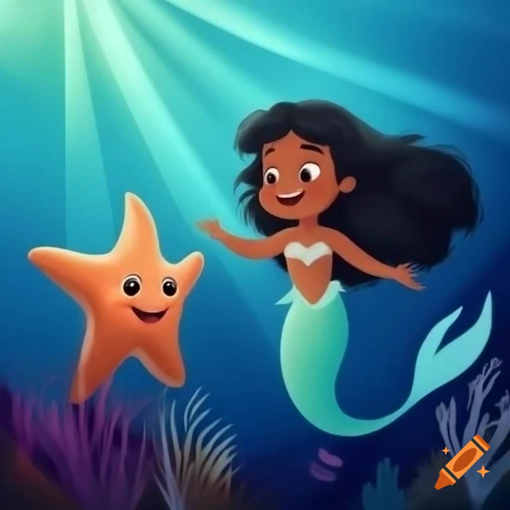 Happy starfish interacting with brown-haired mermaid in the ocean