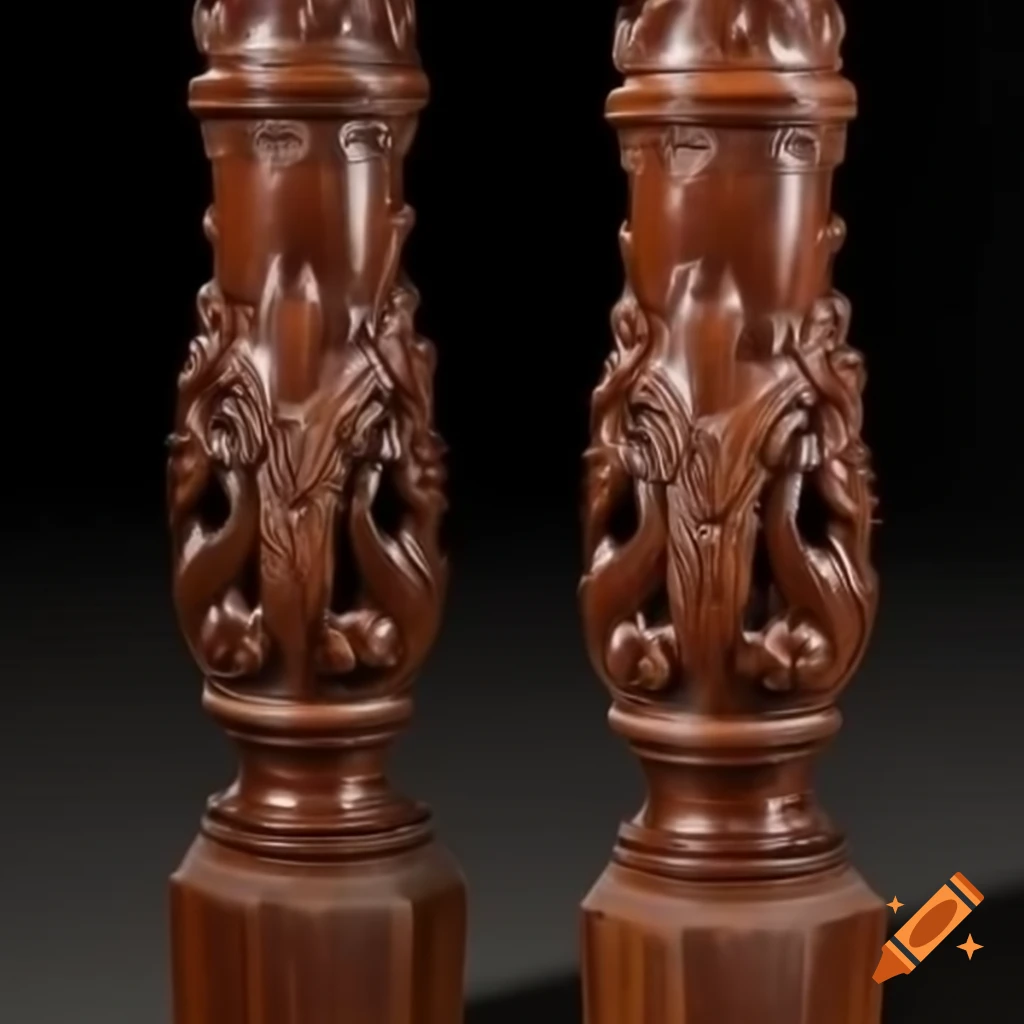 Intricately carved mahogany pole with ornamental design