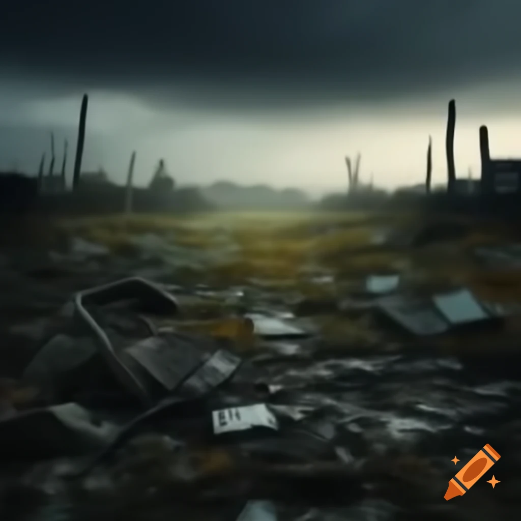 Polluted derelict countryside with dark cloudy sky