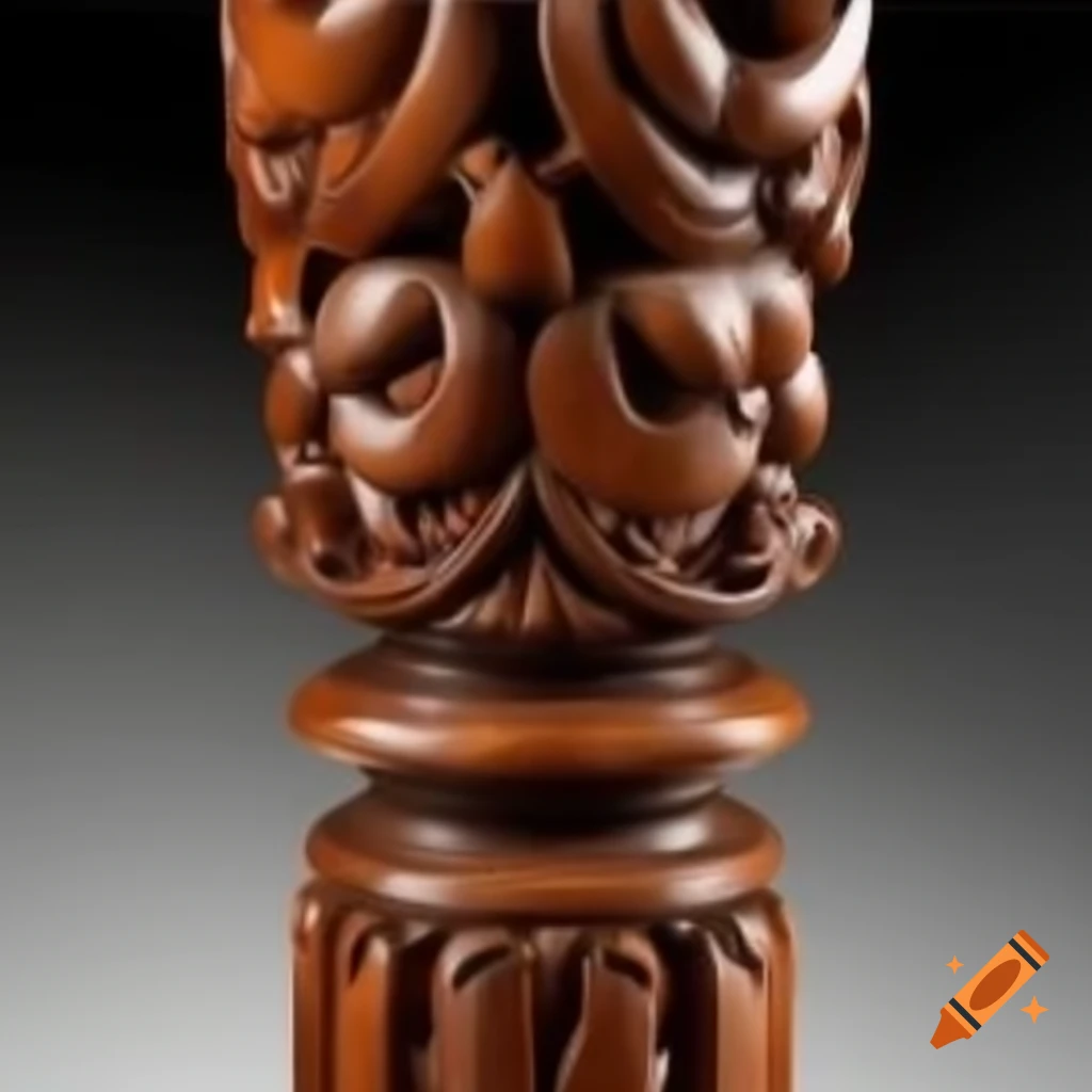 Intricately carved mahogany pole with ornamental design