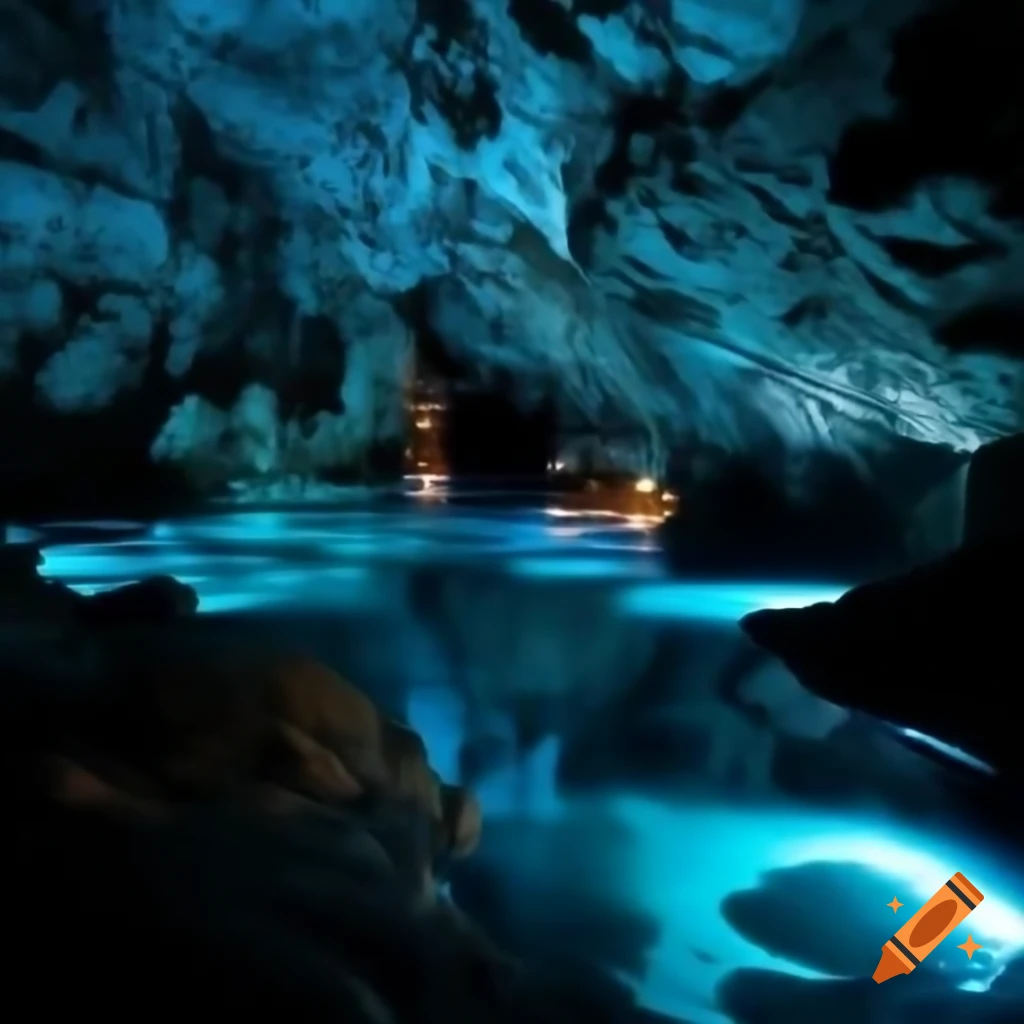 Bioluminescent cave with glowing natural formations