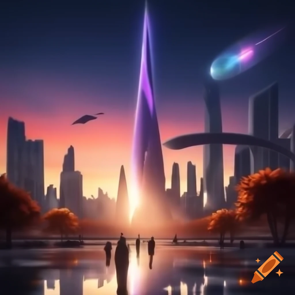 Futuristic cityscape at sunset with glass skyscrapers and flying cars ...