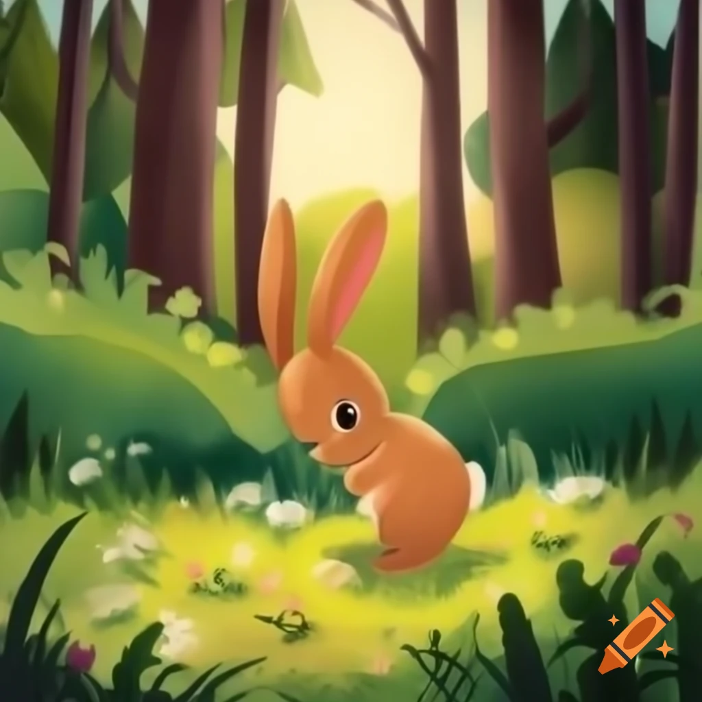 Brown bunny Benny exploring cozy meadow with flowers and tall trees