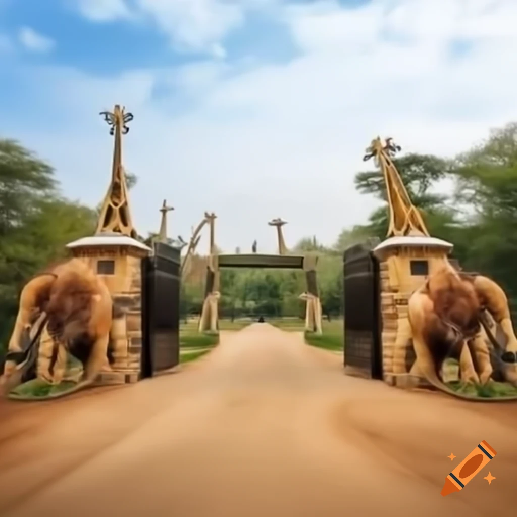 Entrance to zoo with lions, elephants, and giraffes in background