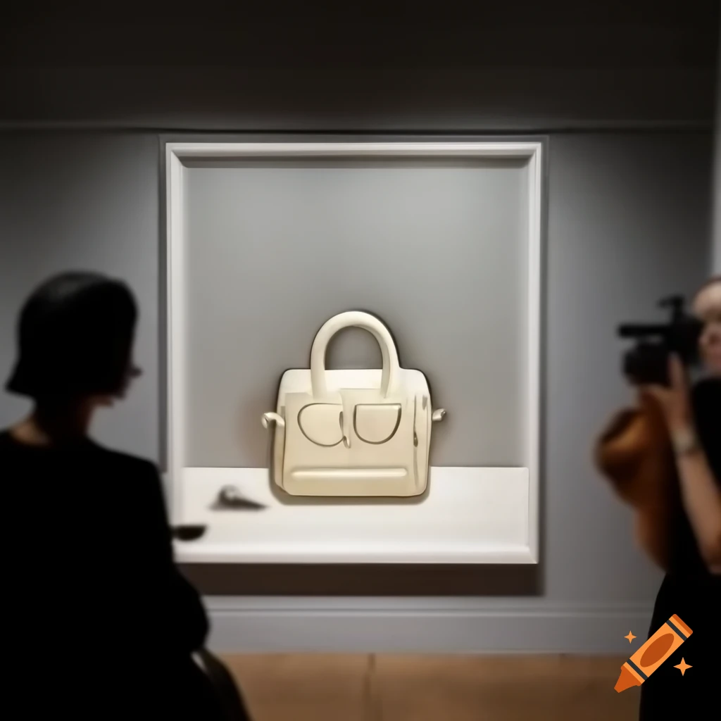 Miniature art museum scene with handbag, tiny critics, and painter