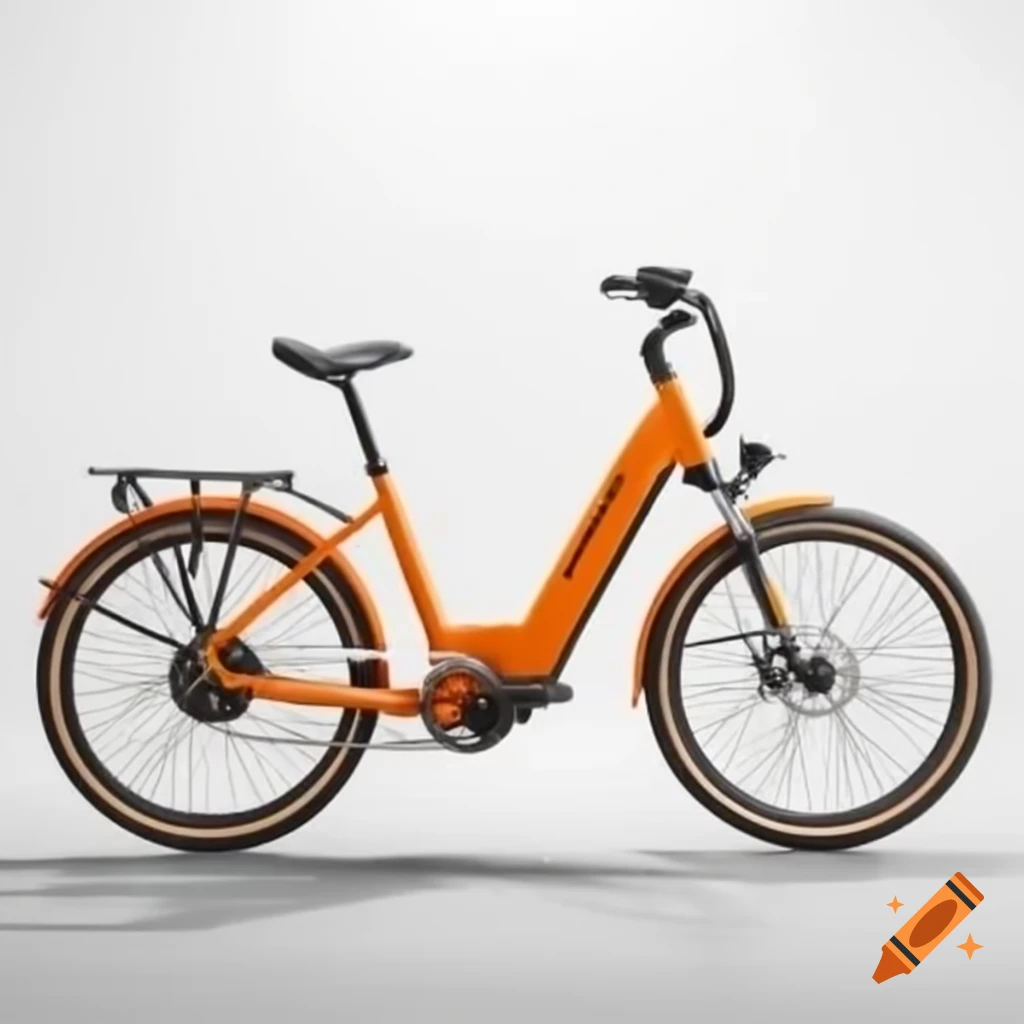 Orange electric bicycle against white background