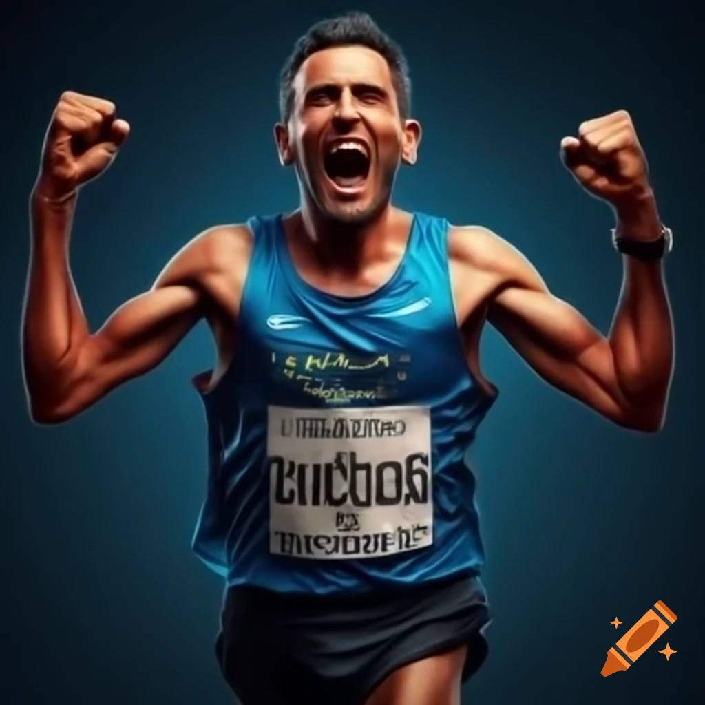 Man in blue jersey celebrating victory in marathon
