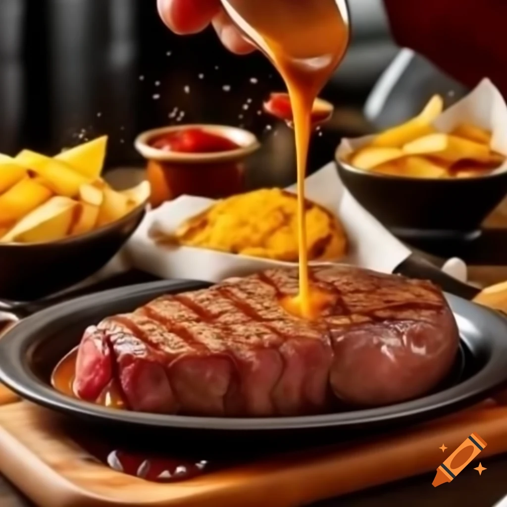 Hyperrealistic feast of steak with chips and brown sauce