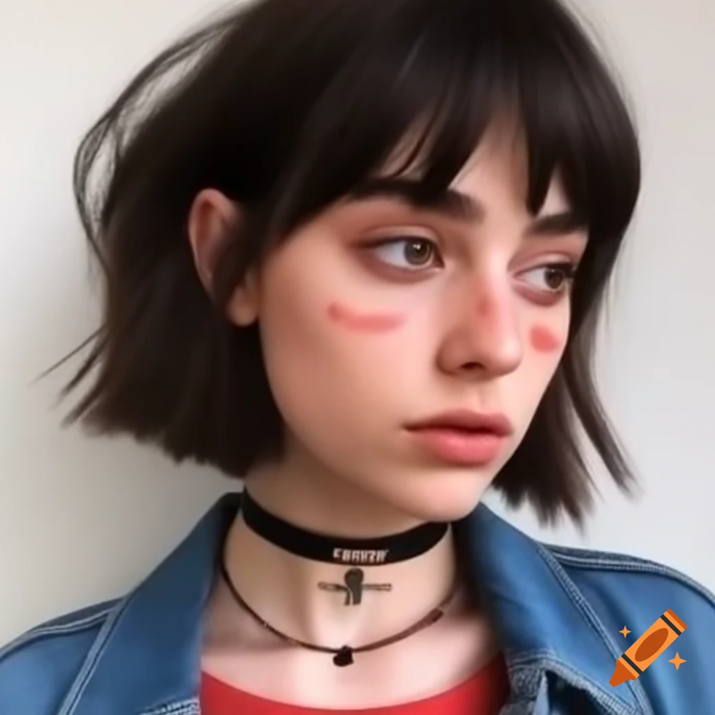 Stylish young woman in dark red camisole, denim jacket, and ripped jeans
