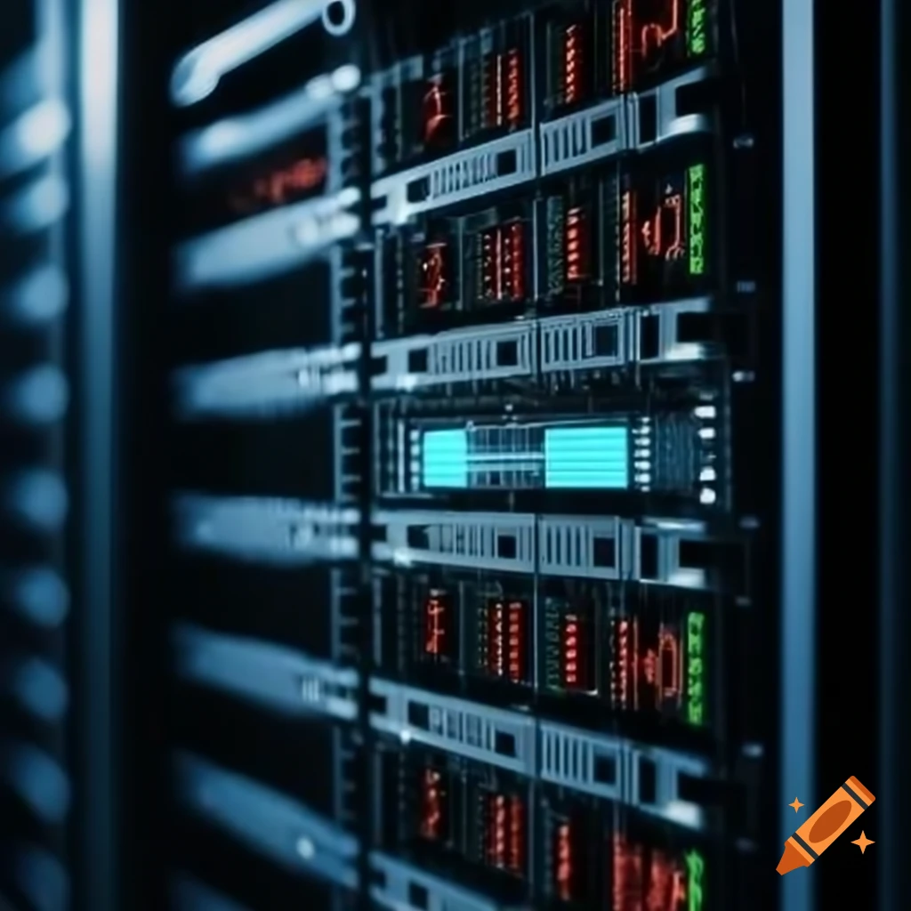 Close-up of a blinking server in a server rack