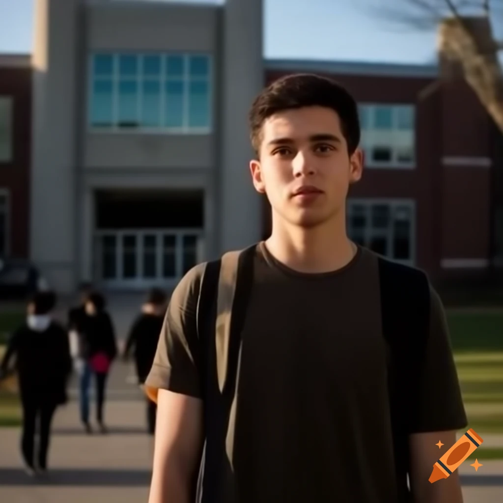 Young man standing in front of university campus with uncertain expression