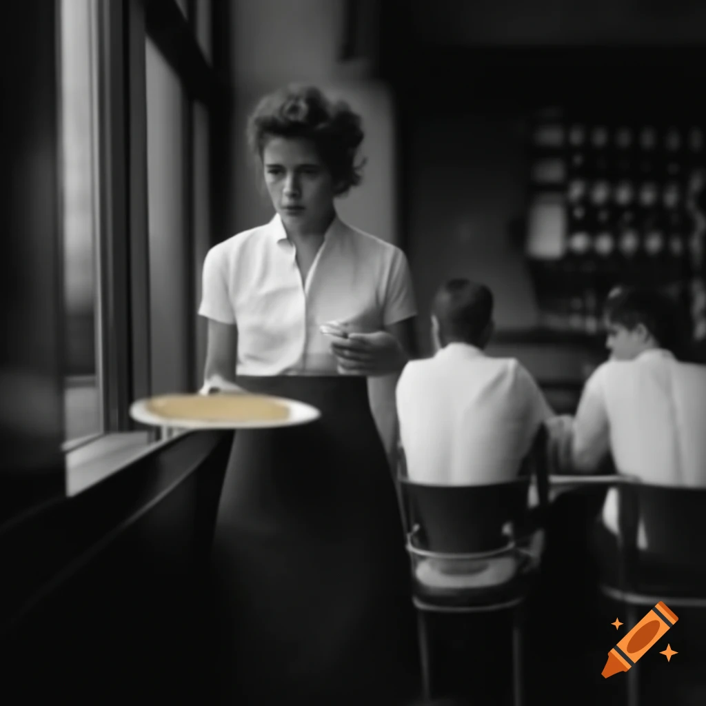 Waitress serving pizza to two young men at bistro wine bar