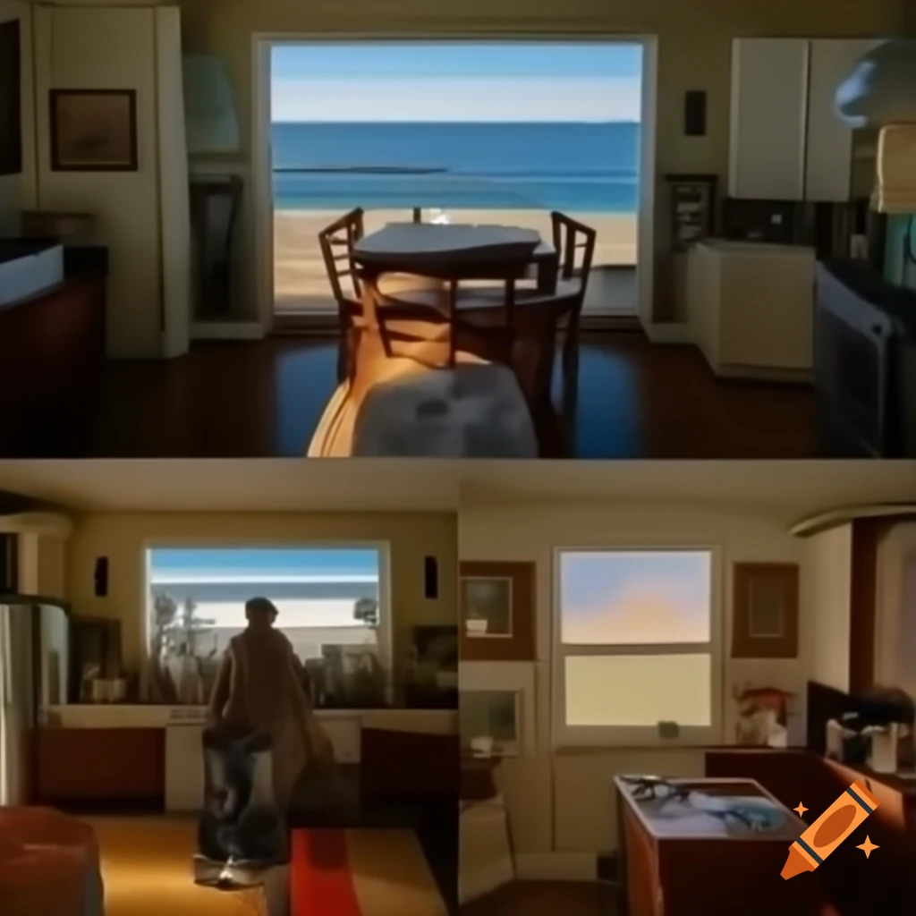 Kitchen with dining and living room overlooking the sea, compact layout ...