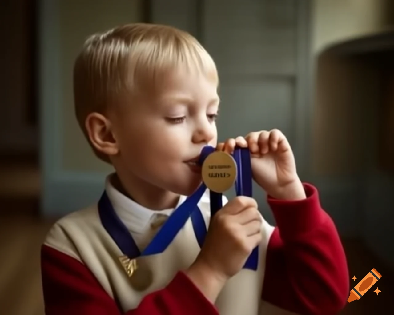 Child proudly holding a medal after winning a competition