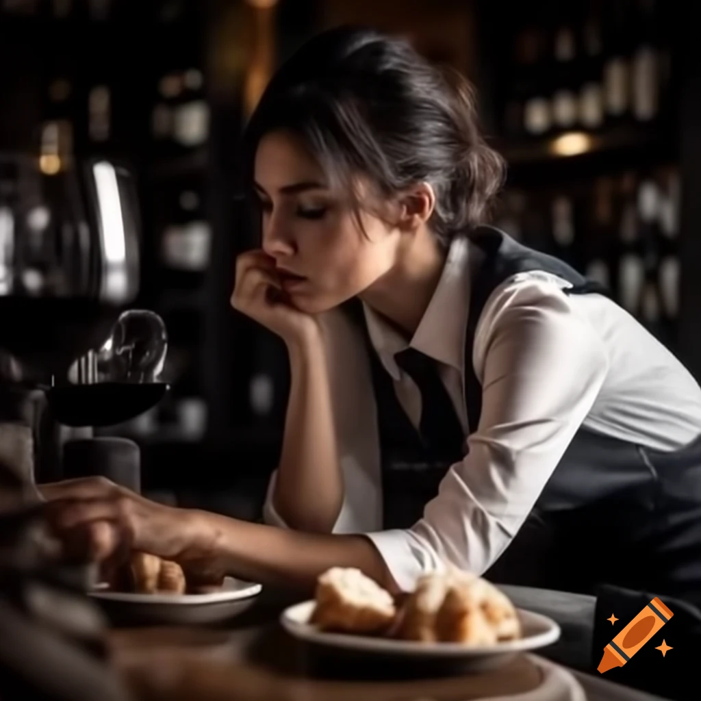 Young British waitress serving pizza at wine bar, casual demeanor