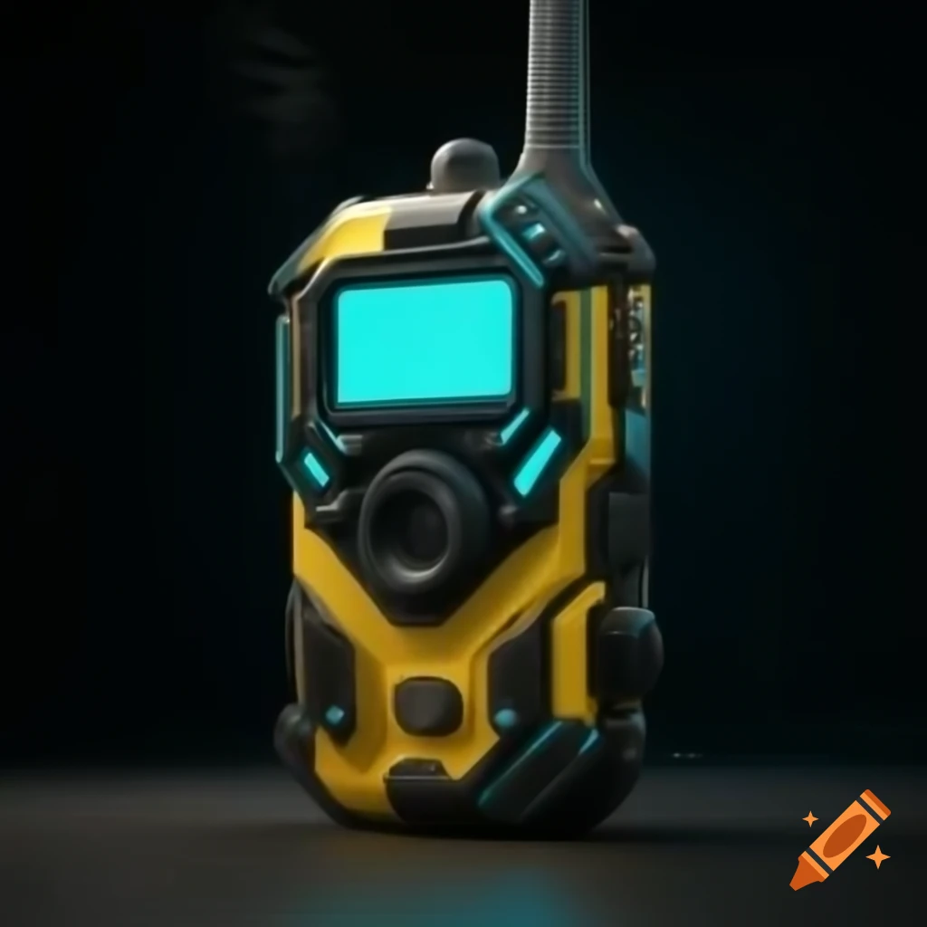 Futuristic yellow cyberpunk walkie-talkie with rugged design and metallic accents