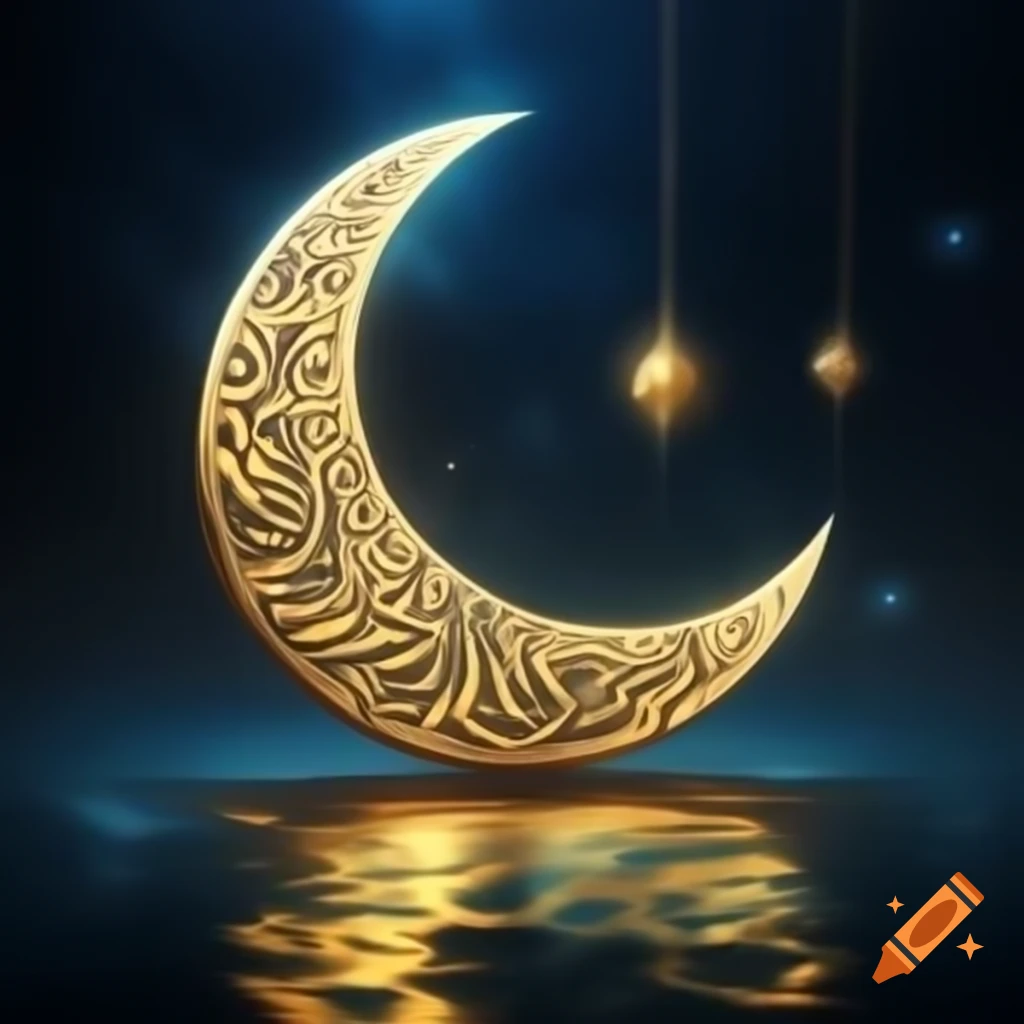 Illuminated crescent moon with Arabic calligraphy and golden star on ...