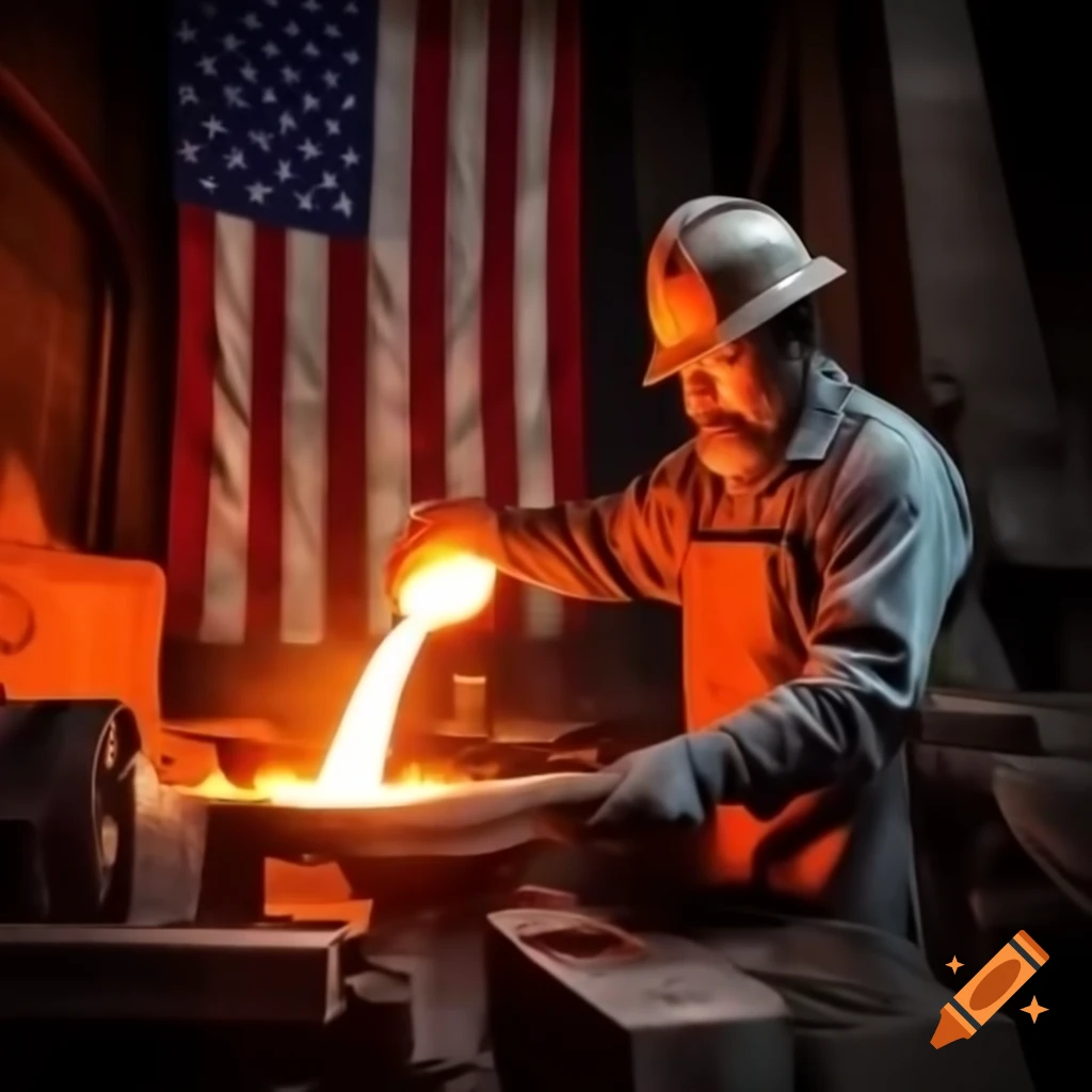 Foundry worker pouring molten metal with American flag backdrop