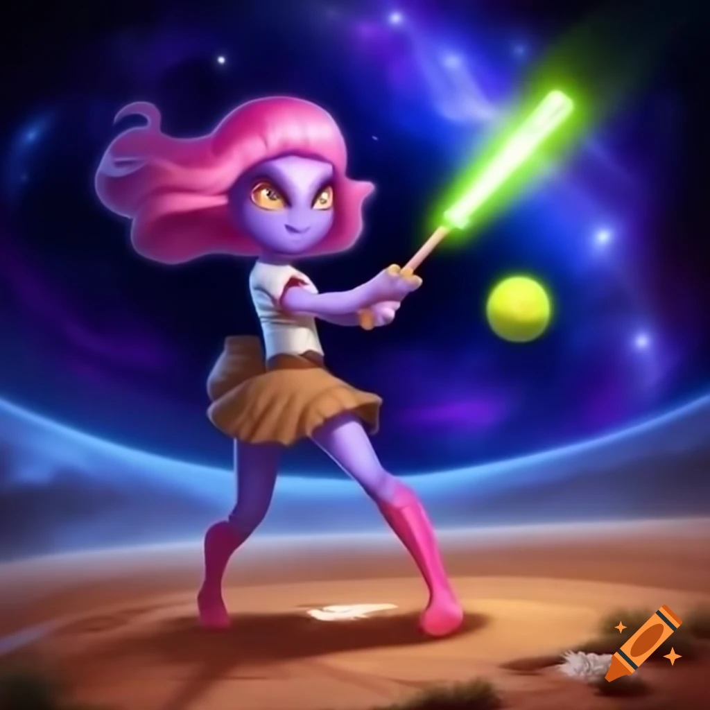 Whimsical alien girl with pink hair playing softball in intergalactic field