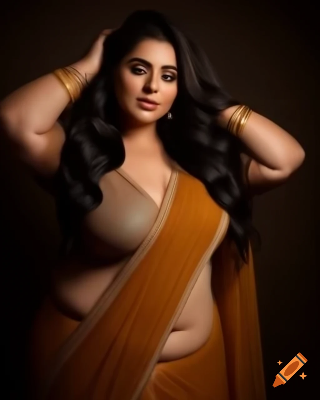 Stunning model in glamorous saree with long black hair and dimples