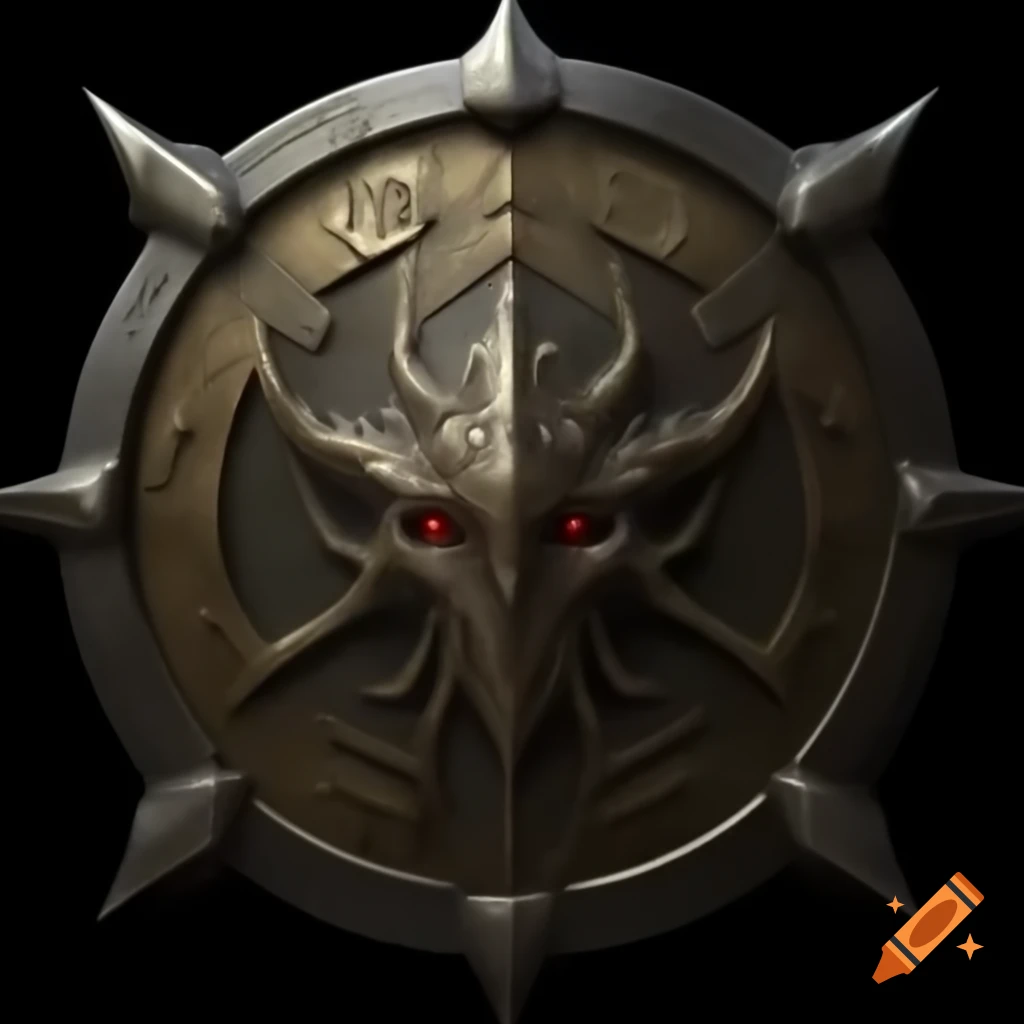 Dark metal shield emblem with engraved fantasy creature crest