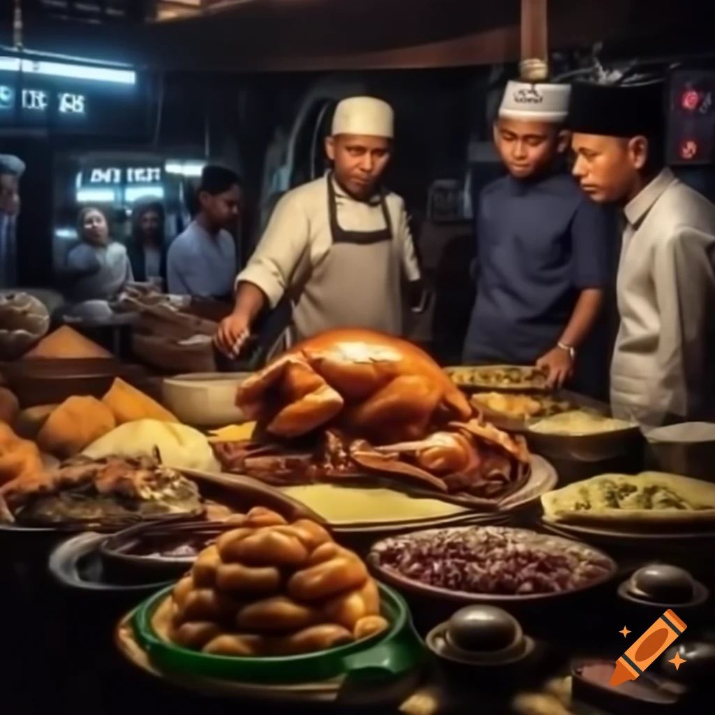 Bustling Ramadan bazaar showcasing traditional Malay dishes and kuih