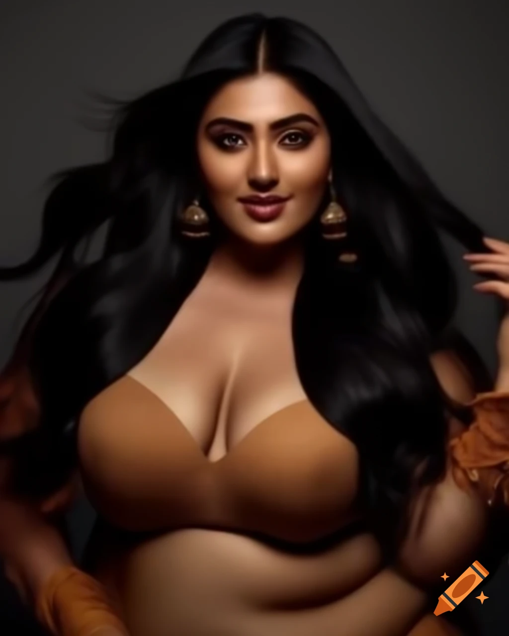 Stylish Pakistani/Indian female model with long black wavy hair and glamorous outfit