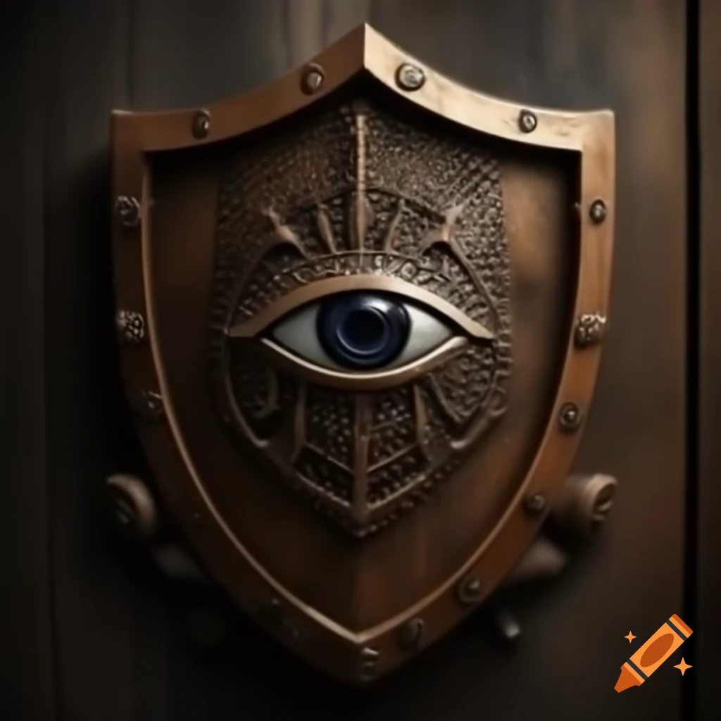 Dark wooden shield with engraved eye crest