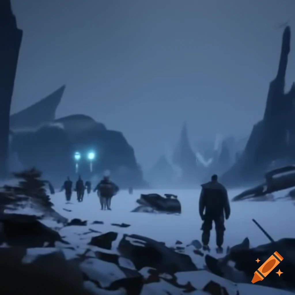 Barren snowy mountains with sci-fi troops in a futuristic cyberpunk ...