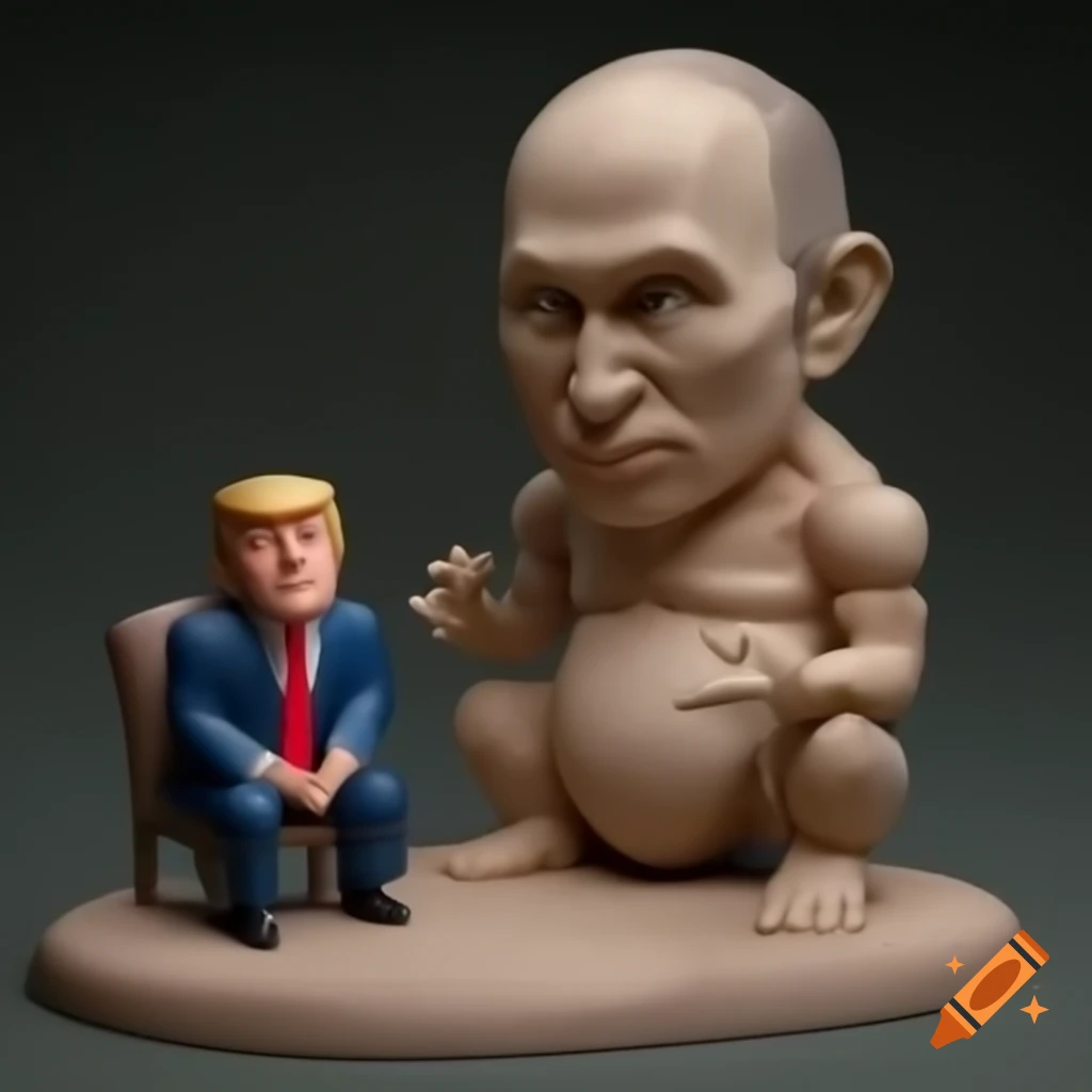 Playful display of miniature figures depicting Trump atop Putin