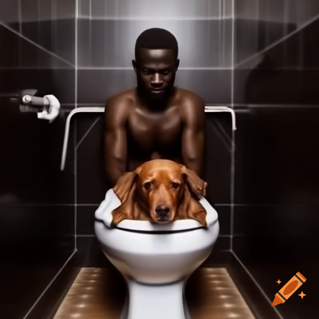 Dog with brown markings in toilet beside man holding Nutella