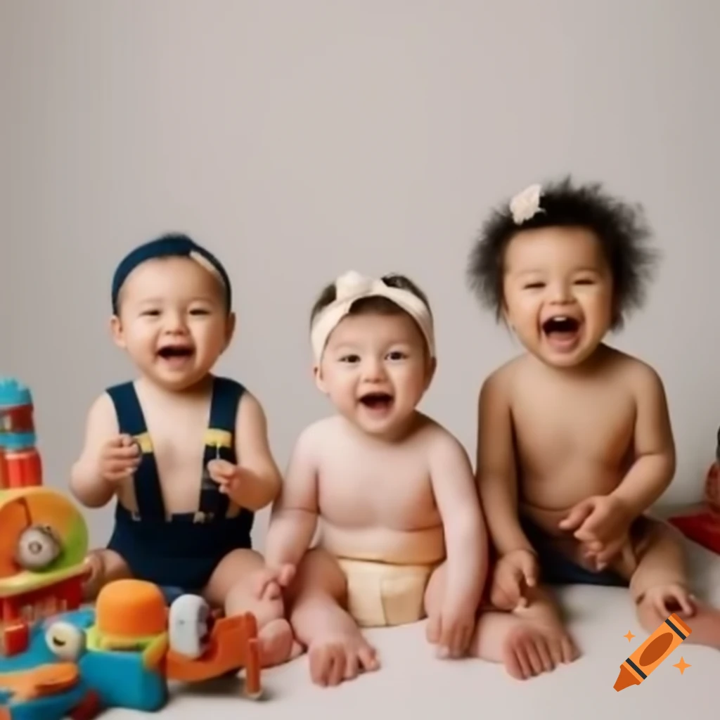 Three babies laughing and playing with toys