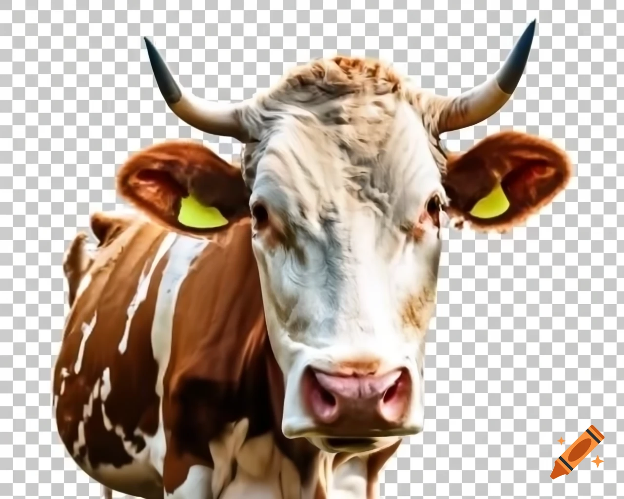 Startled brown and white cow with prominent horns gazing at viewer