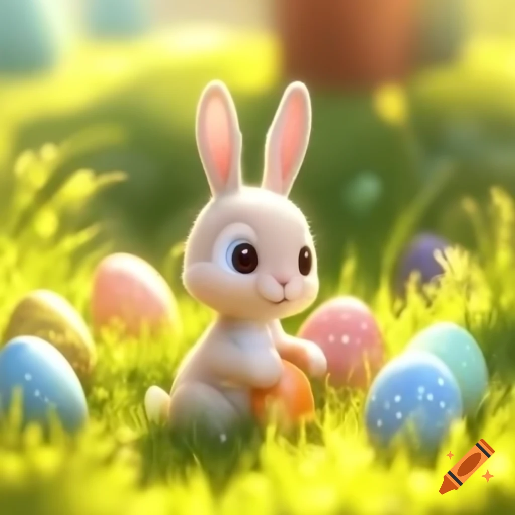 Cute baby rabbit in sunny meadow surrounded by colorful Easter eggs on ...