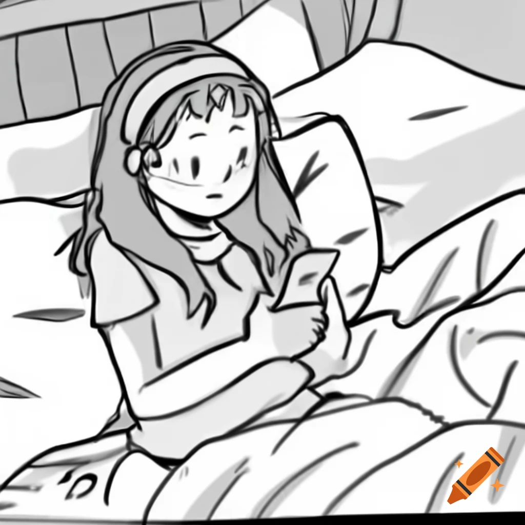 Line sketch of girl scrolling on her phone while sitting on bed