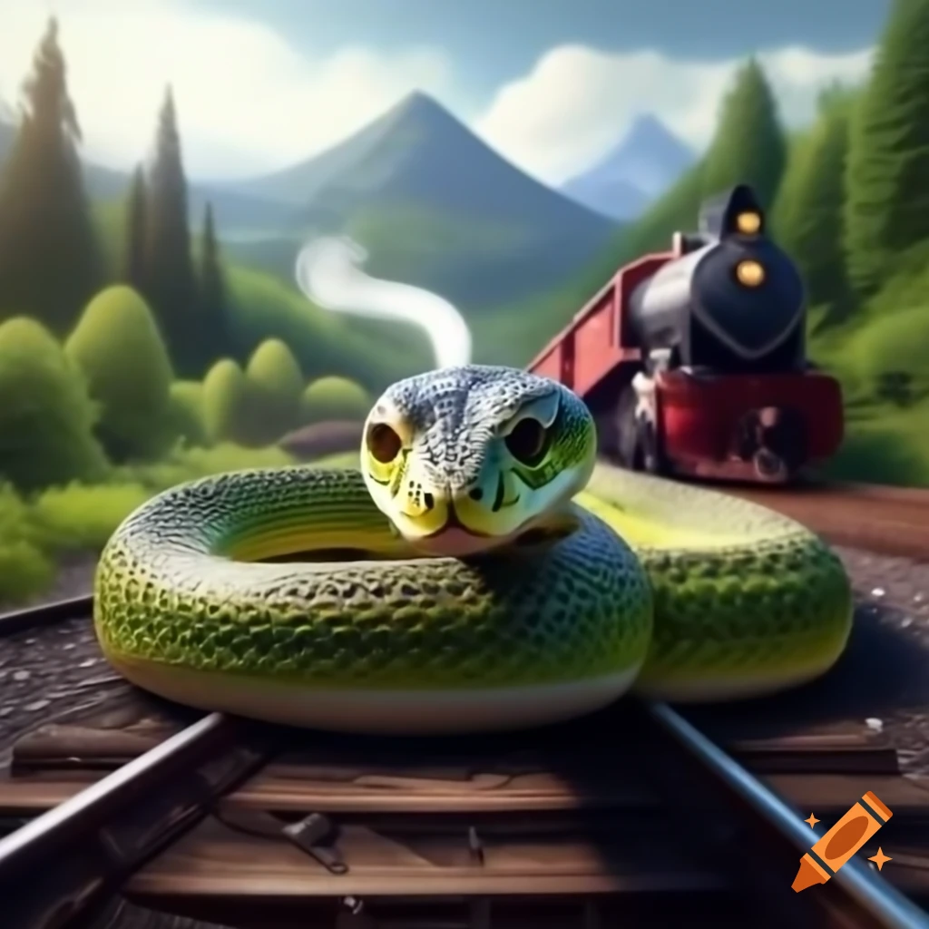 Majestic snake on railway tracks with vintage steam train approaching ...