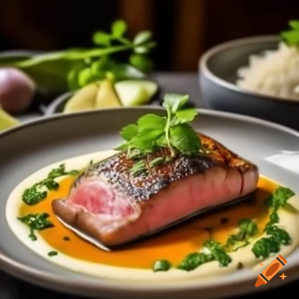 Seared tuna fillet with herb sauce, sautéed vegetables, and jasmine rice