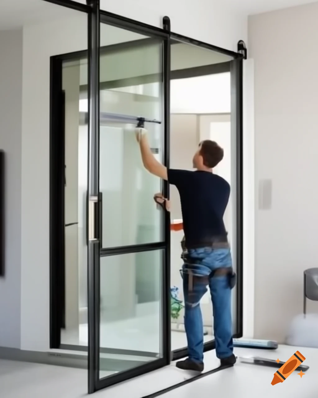 Modern man working on sliding glass door repair