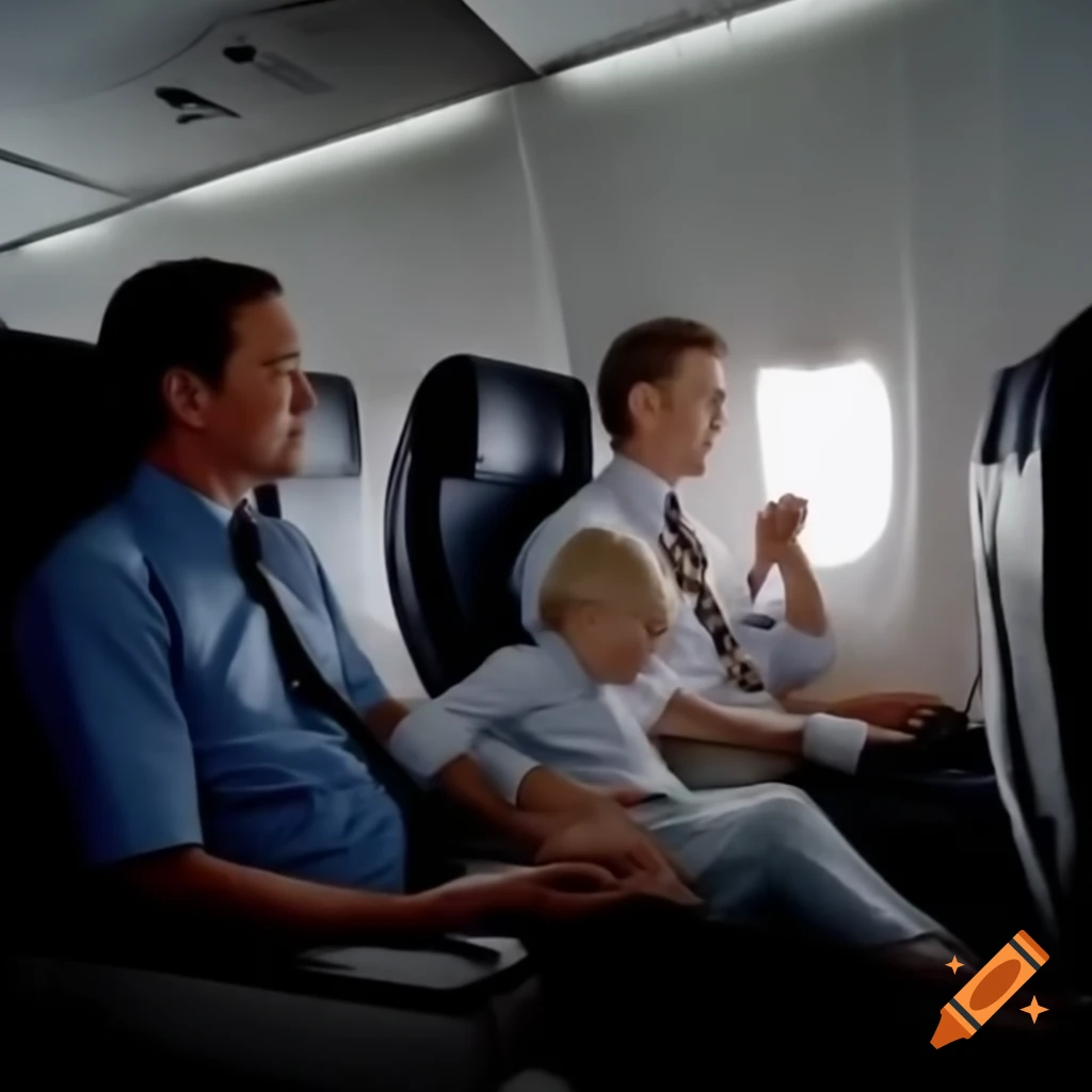 Three passengers in an airplane, a man with his son and brother, appearing nervous