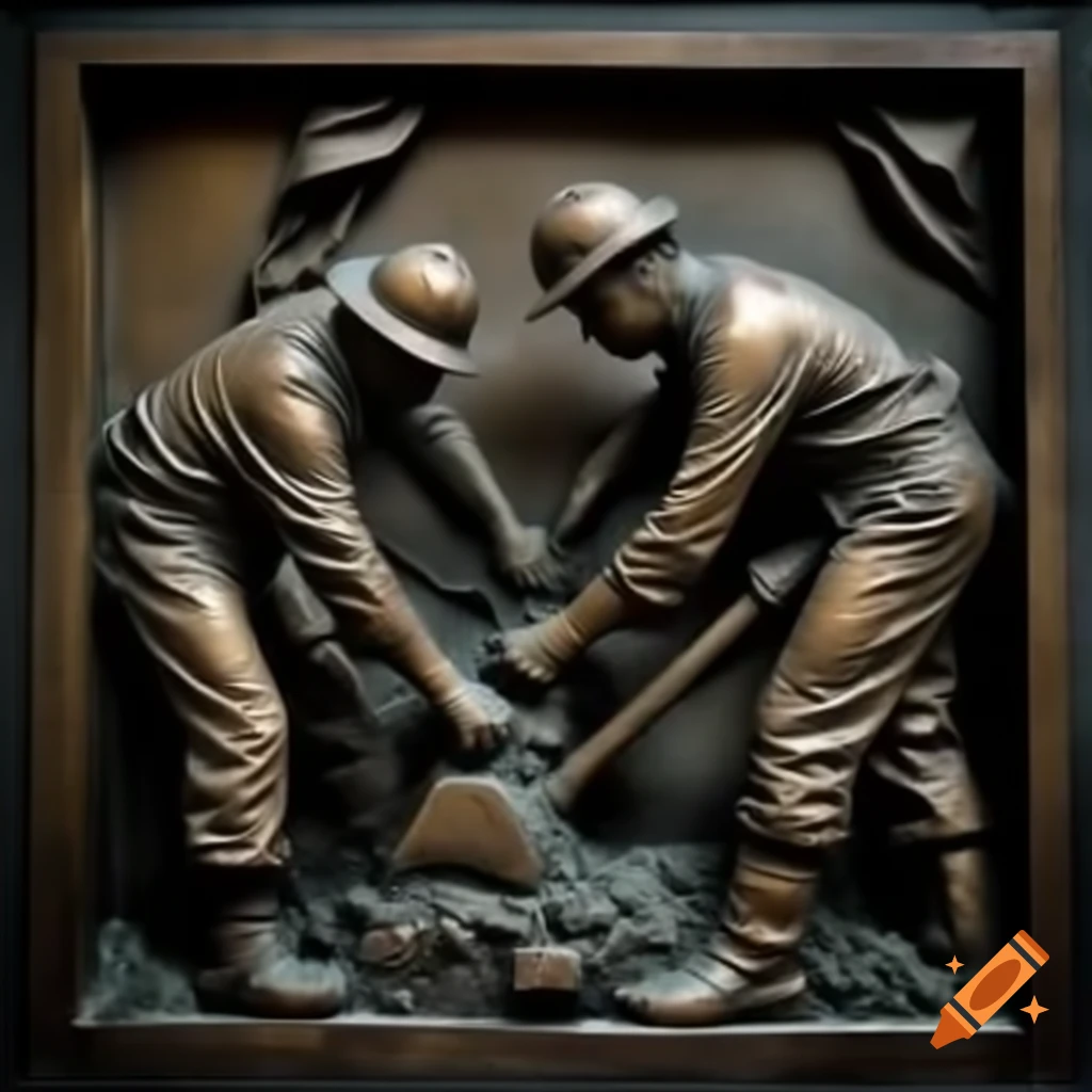 Bronze relief of coal miners in modern attire