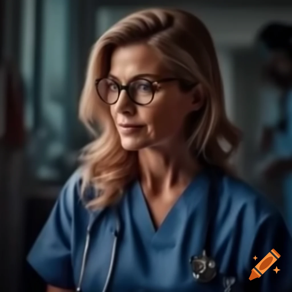 Female medical doctor in practice, dark blonde hair and glasses