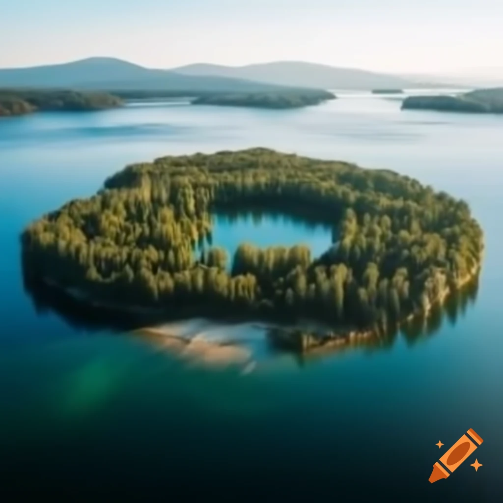 Island featuring a lake at its center