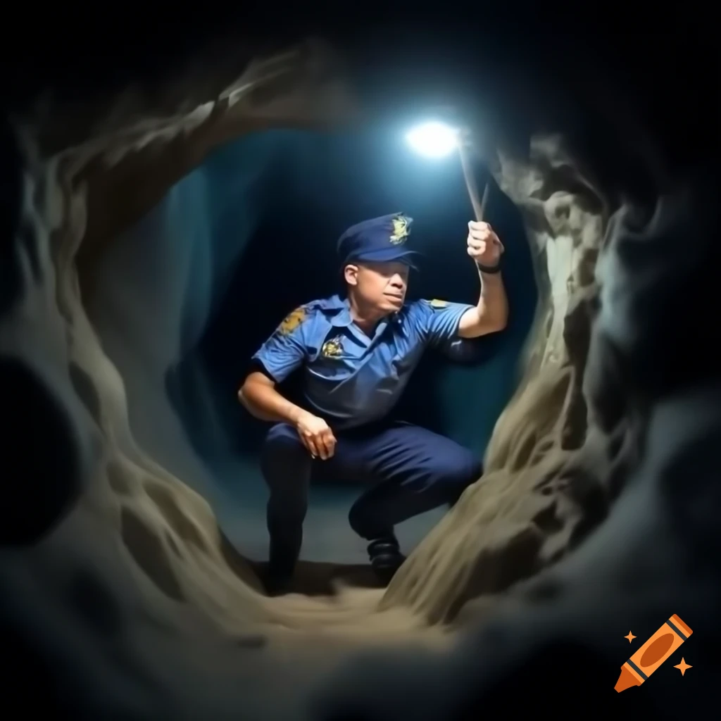 Policeman crawling through narrow dark cave with lamp