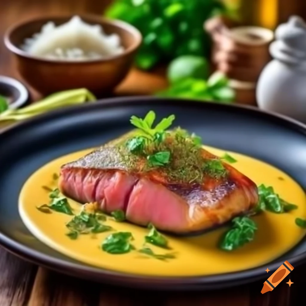 Seared tuna fillet with herb sauce, sautéed vegetables, and jasmine rice