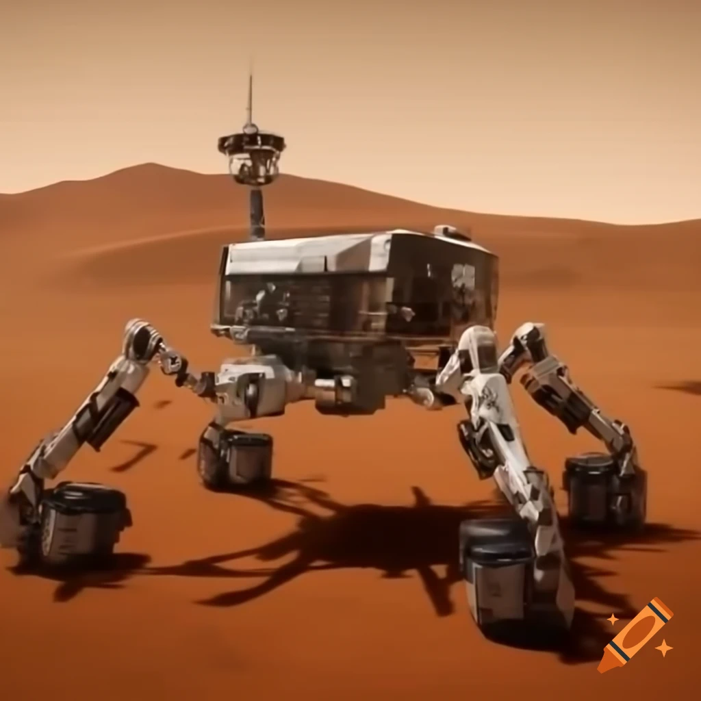 Spider-like rover designed for Martian exploration navigating challenging terrain