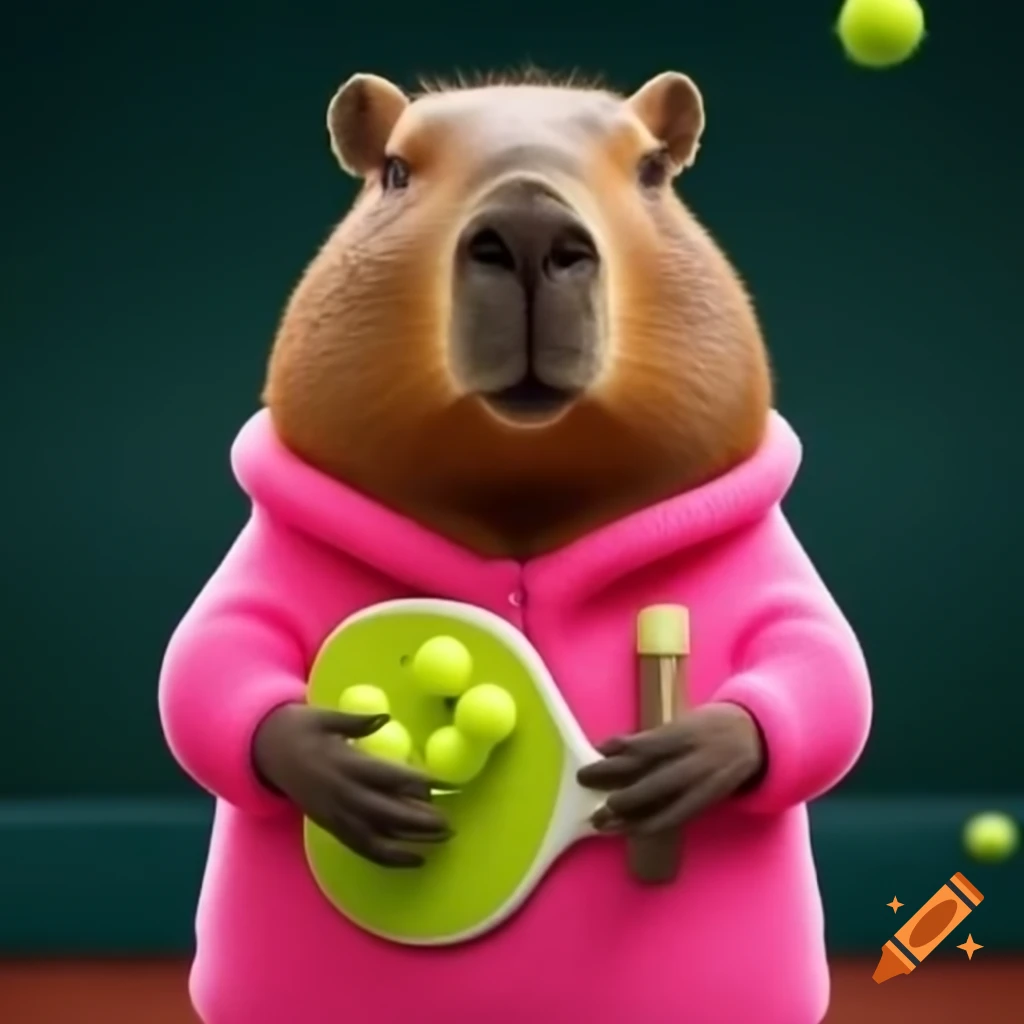 Capybara in pink sweater joyfully playing pickleball