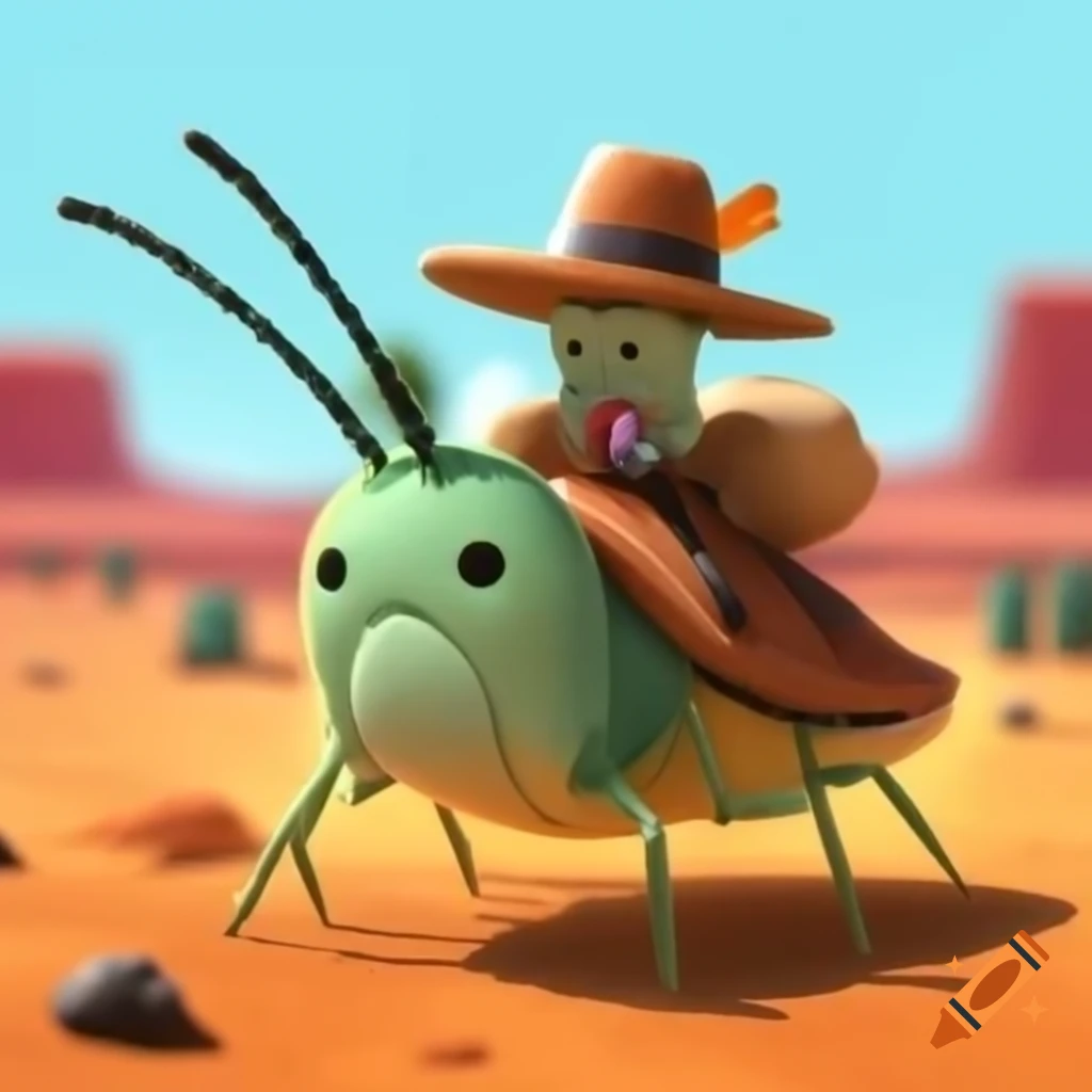 Cute bug riding large cockroach across desert landscape
